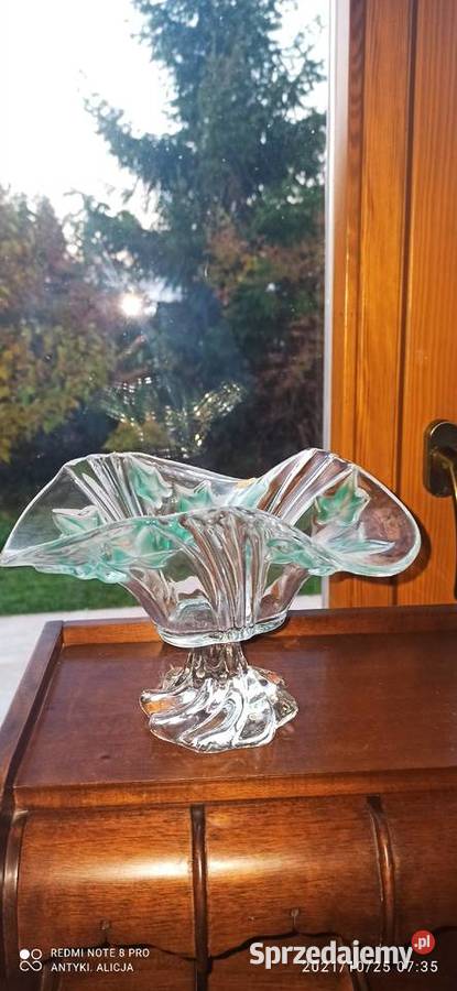 Patera na nodze liście zieloneszkło kryształowe Gdańsk