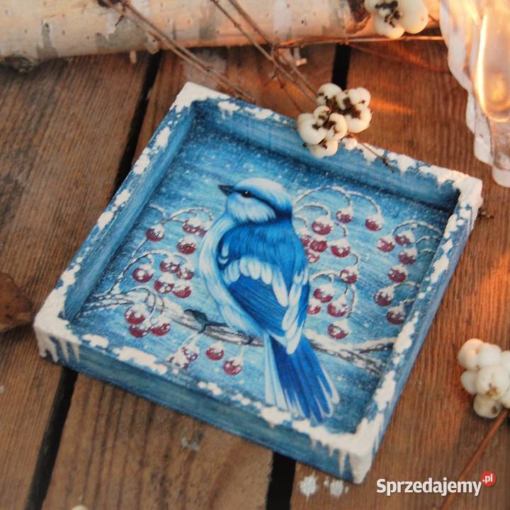Drewniana tacka malowana ptak sikora lazurowa