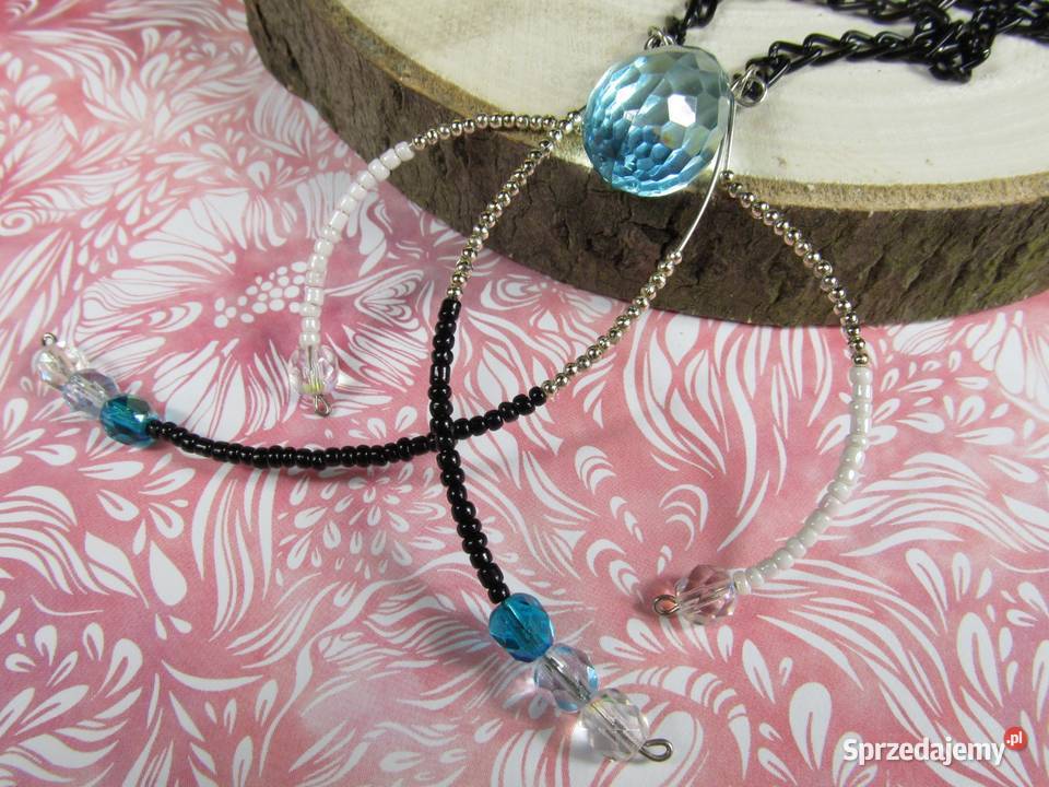 Naszyjnik czarny niebieski srebrny łezka Katowice
