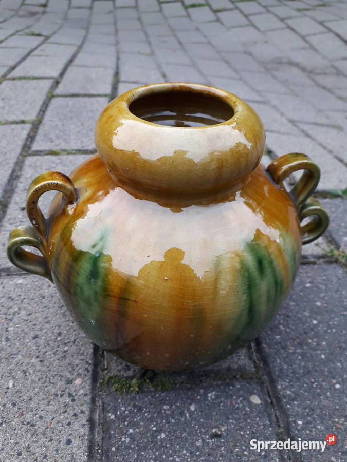 Wazon ceramiczny szkliwiony z uszami sygnowany mazowieckie Warszawa
