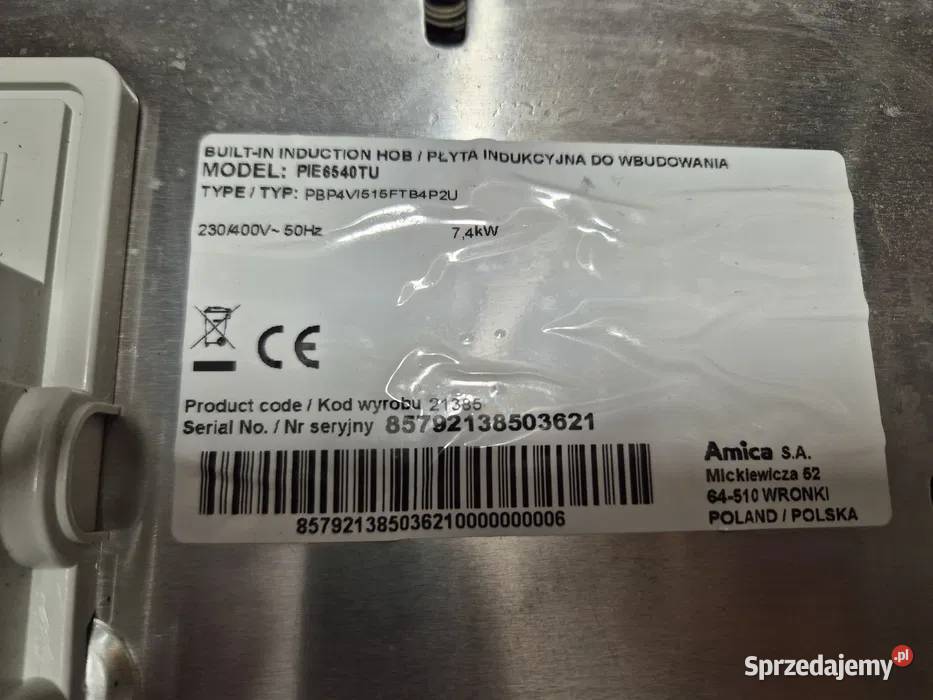Płyta indukcyjna amica PIE6540 TU 74 kW Używana Ruda Śląska