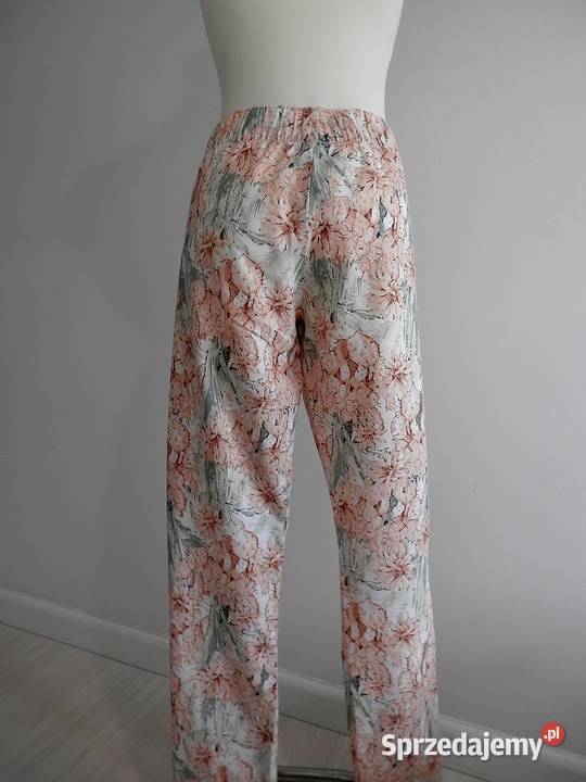 Spodnie Lniane Len Bawełna Białe Kwiaty Łomża