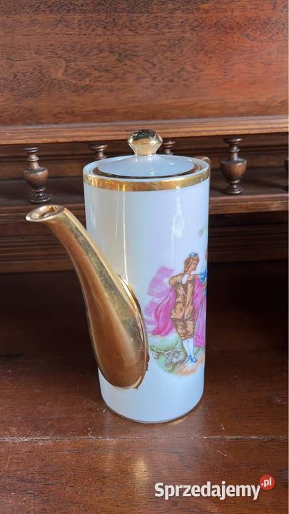 Dzbanek do kawy ze scenkami dworskimi Złocony Porcelana i szkło Gdańsk