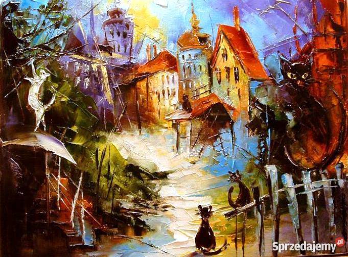 Koty Obraz plejny 40x30 szpachla Antyki, Sztuka, Kolekcje Wrocław