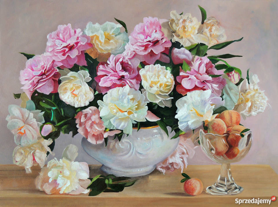 Obraz olejny kwiaty peonie piwonie z ramą Tomasz Łódź