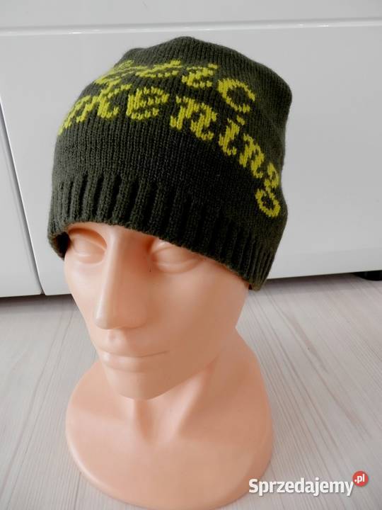 Czapka Męska z Wełną Beanie Oliwkowa z Napisem Nakrycia głowy