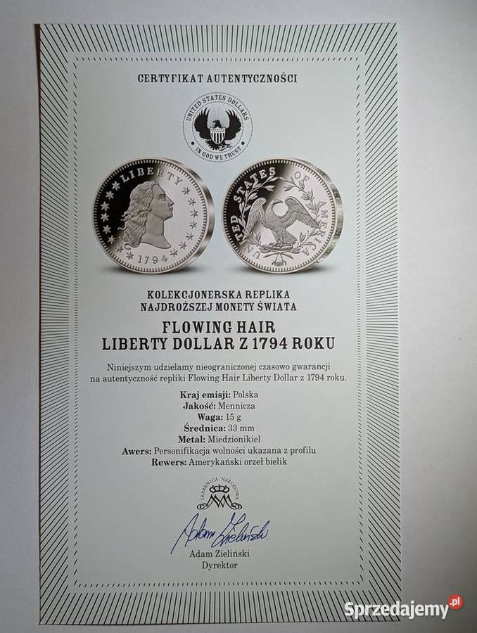 Replika Flowing Hair Liberty Dollar 1794 wielkopolskie Piła
