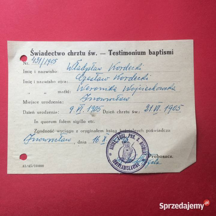 1334 Świadectwo Chrztu Św Kordecki Szczecin