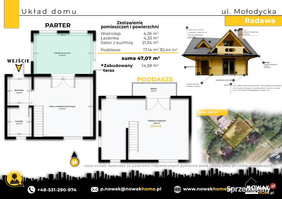 Dom z bala Radawa 70 m taras przeszklony działka drewno Sprzedaż