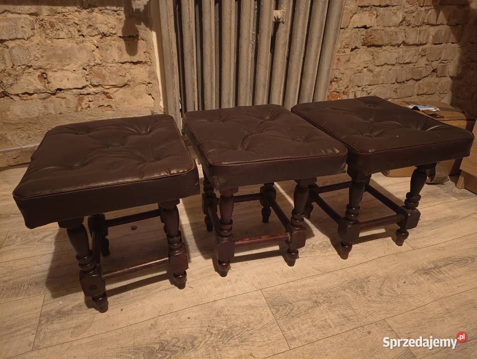 3 Taboret pufa krzesło z obiciem skórzanym PRL
