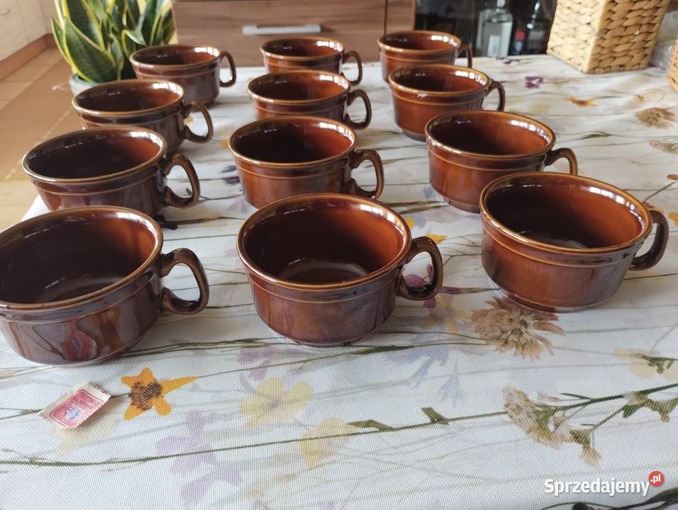 PRL filiżanki Pruszków porcelit etykieta 12 brązowy Łódź