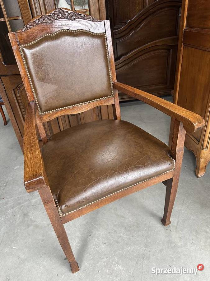 Elegancki fotel stelaż dębowy obicie skóra Sławoszewek