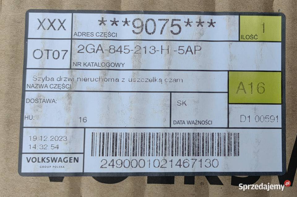 VW TROC SZYBA BOCZNA DRZWI LEWY TYŁ 2GA845213H osobowe małopolskie Rożnów