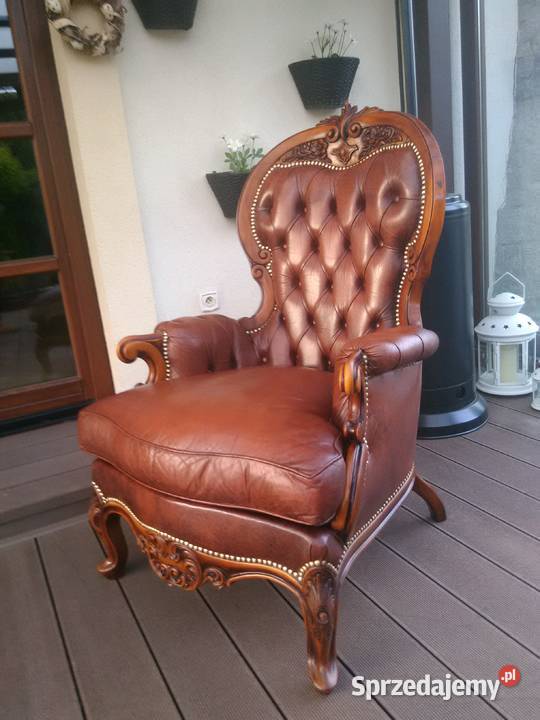 Fotel LudwikBarok Rzeźbione Skóra Antyk Stan łódzkie Kluki