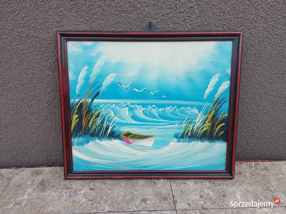 83 Stary obrazek olej na płycie morze łódź ptaki Tczew