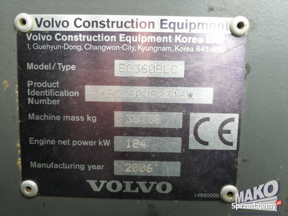 Koparka gąsienicowa Volvo EC 360 BLC Rok produkcji 2006 Ostrowiec Świętokrzyski sprzedam