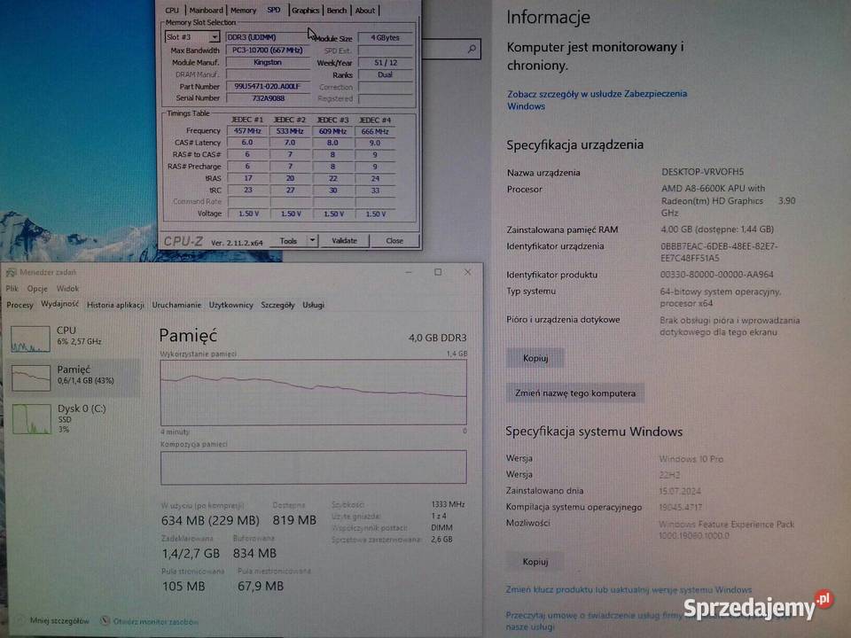 Kingston niskoprofilowy DDR3 4GB 1333MHz Pamięci Bydgoszcz sprzedam