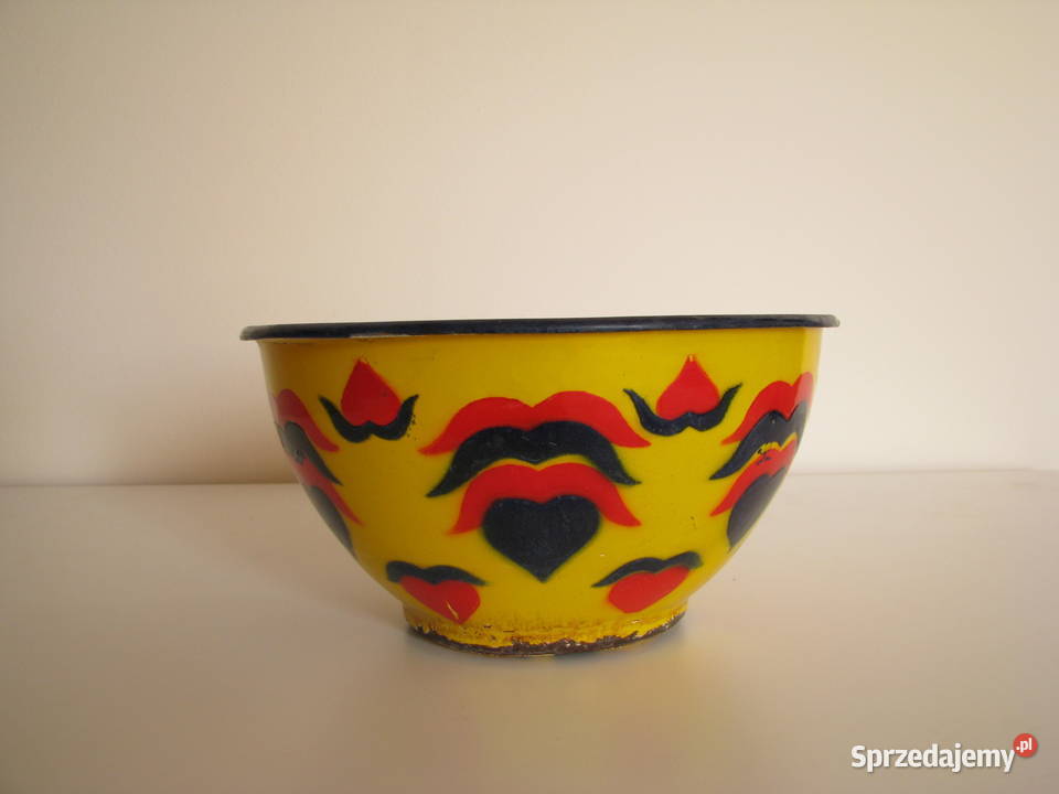 Piękna stara metalowa emaliowana na żółto miska Brzegi