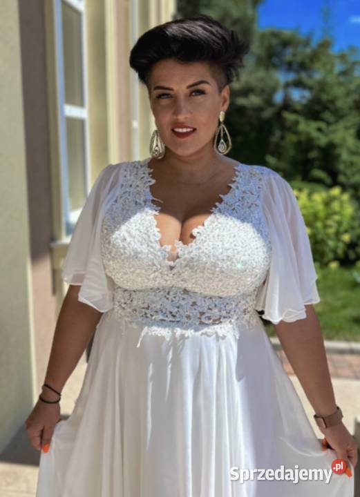 Suknia ślubna glamour zwiewne rękawki koronka Jelenia Góra