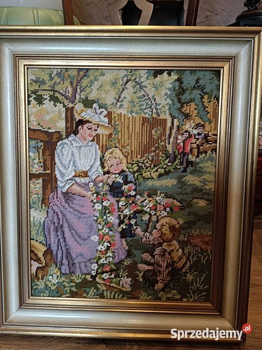 Gobelin krzyżykowy w ramie Odpoczynek w ogrodzie Lipno