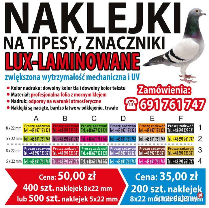 Naklejki na Tipesy Znaczniki Gołębie na obrączki śląskie Zawiercie