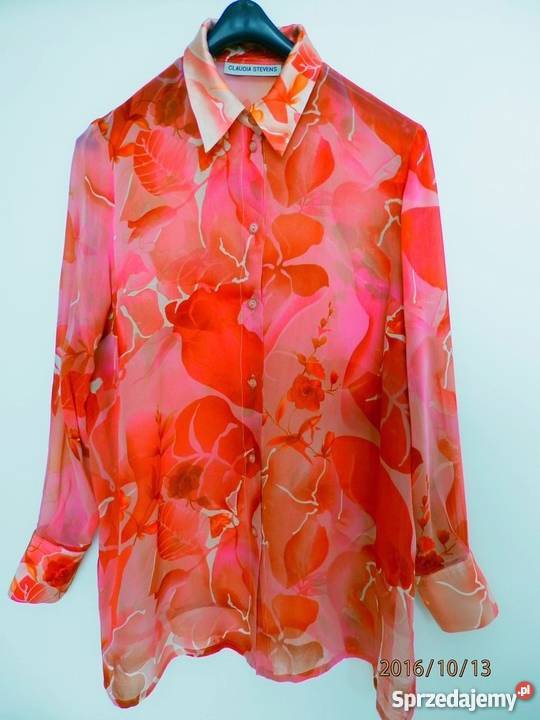 Koszula Bluzka w Różowe Kwiaty Zwiewna Szyfonowa Łomża