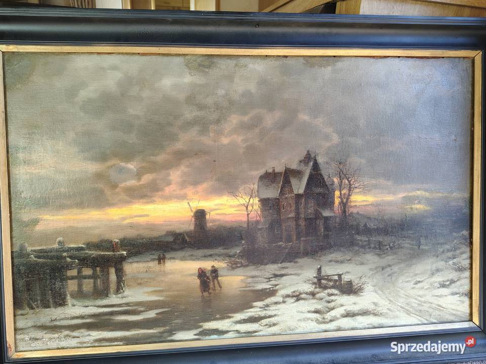 Stary obraz olejny Zima lodowisko