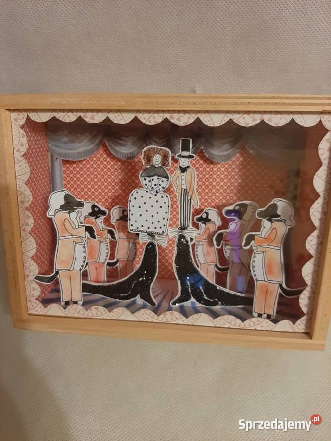 Śliczny drewniany obraz z motywem teatrzyku 3D