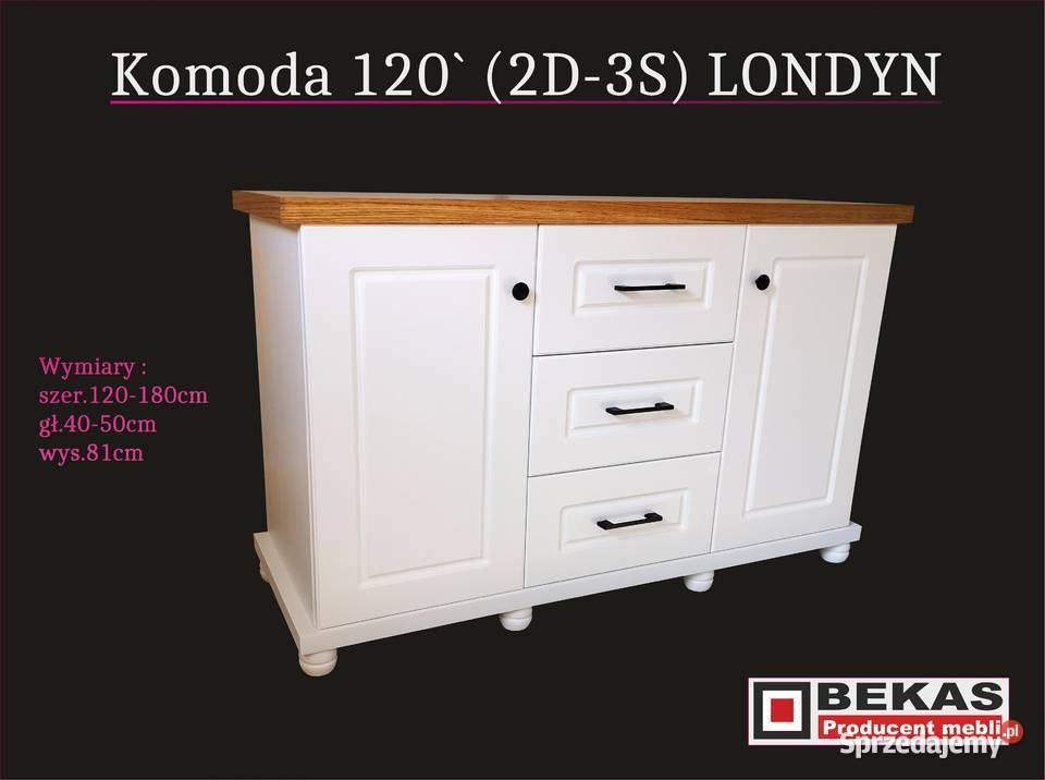 Śliczna Biała Komoda 140 LONDYN 2D3s Dębowy Blat 140cm Bydgoszcz