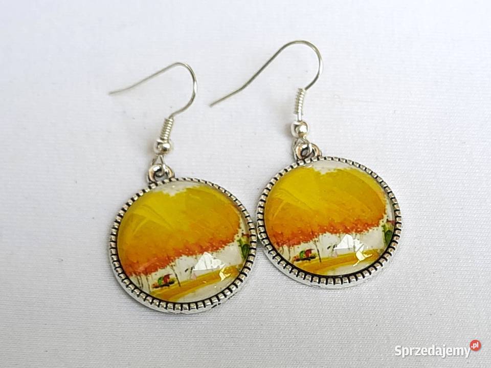 Kolczyki grafika pod szkłem drzewo żółte łódzkie Łódź