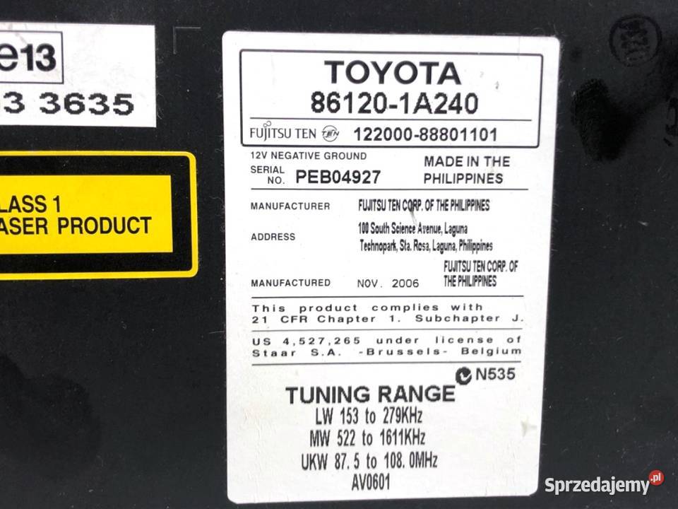 RADIO TOYOTA AURIS I 861201A240 0612 ODTWARZACZ sprzedam