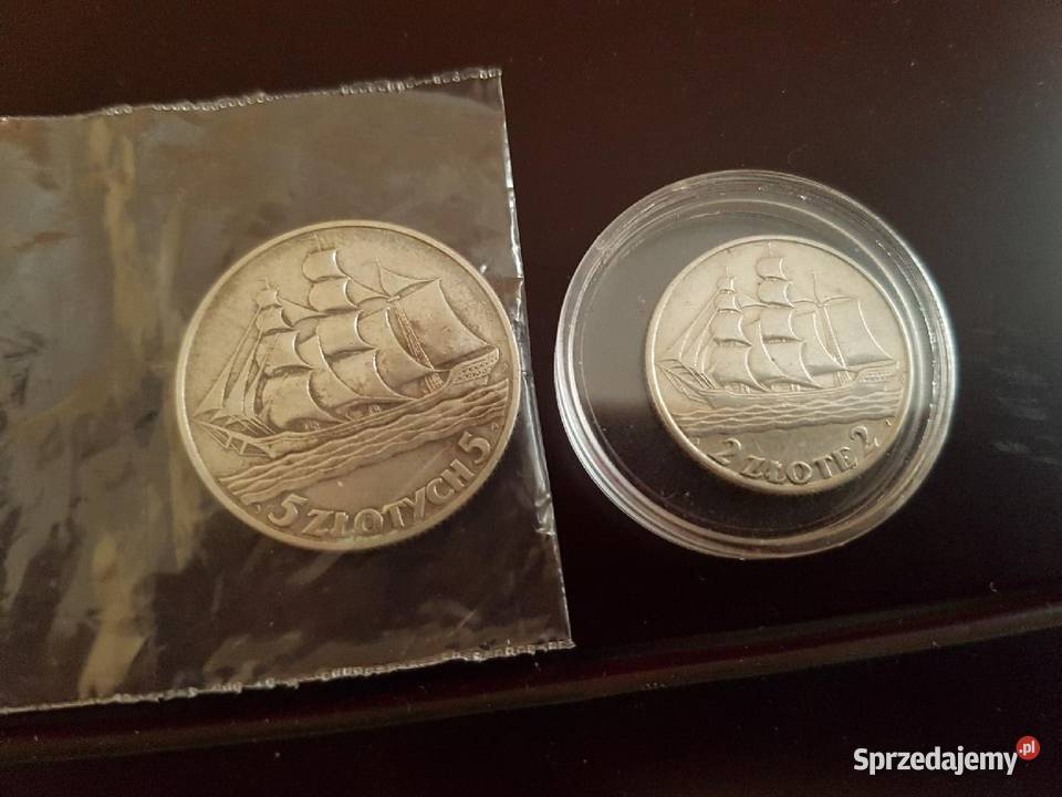 Zestaw 2 srebrnych monet II RP - Żaglowiec 2 zł i 5 zł