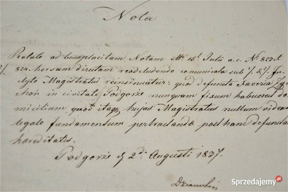 Stary dokument po łacinie papier czerpanym 1837r Podgórze Warszawa Sprzedajemy.pl