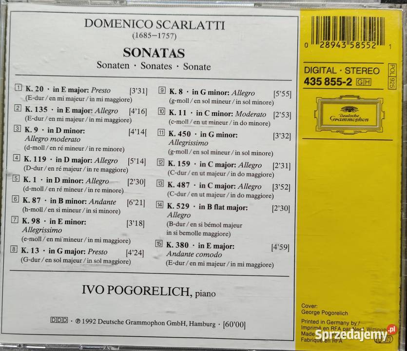 Sonats D Scarlatti Ivo Pogorelich piano CD 1992 CD Płyty i kasety mazowieckie Warszawa
