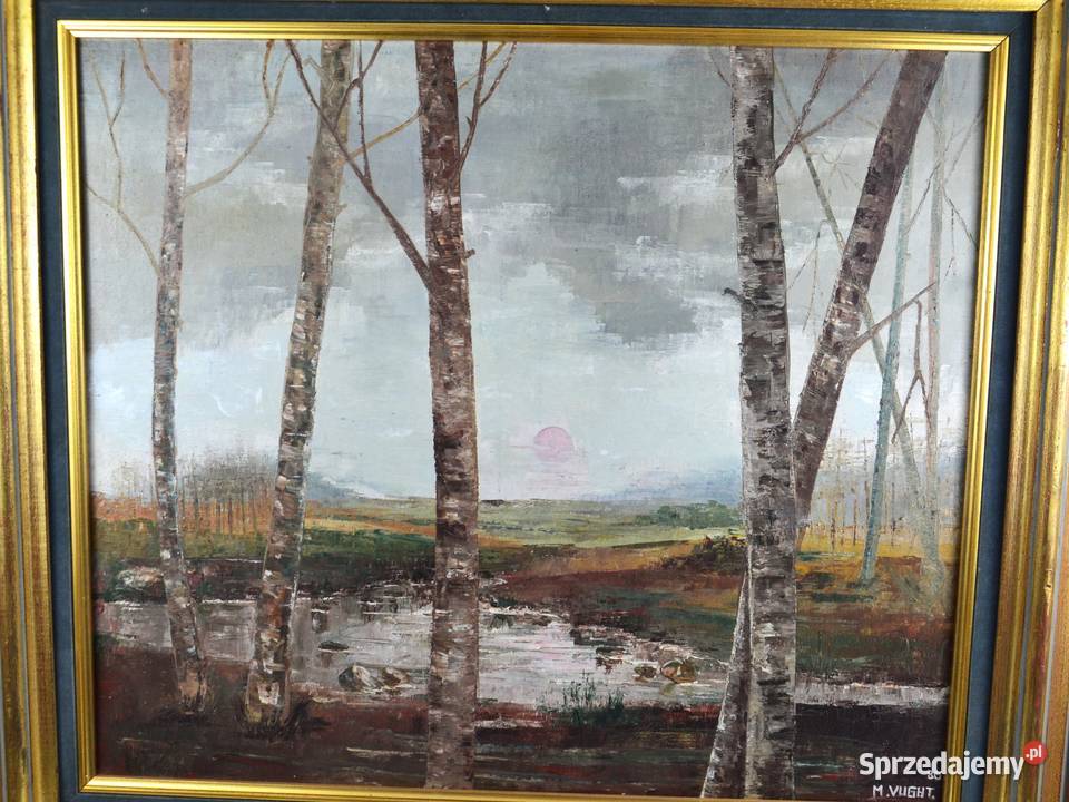 Olej na płótnie brzozy M Vught Holandia 1980r Bronisze