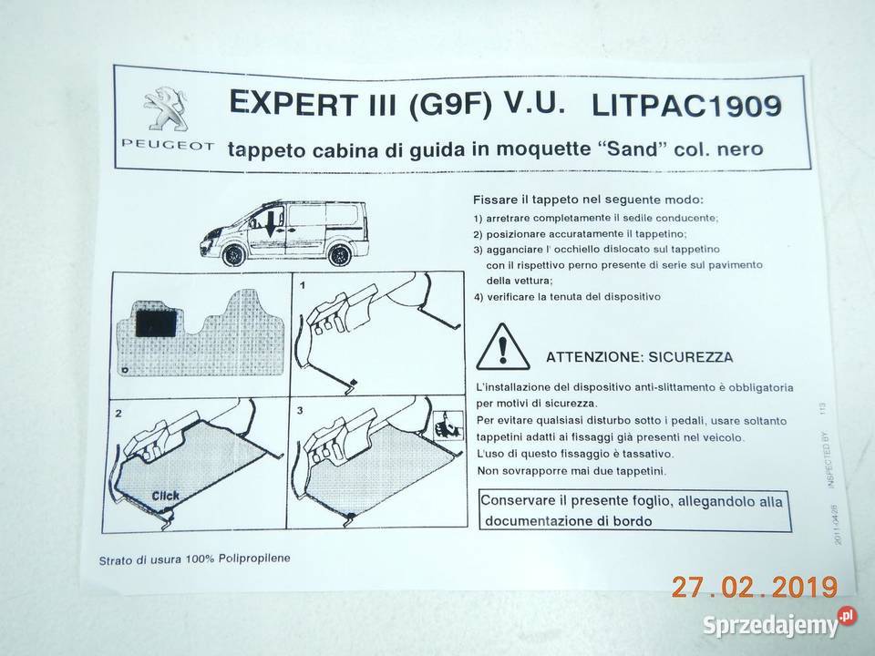 DYWANIK WYKŁADZINA PRZÓD PEUGEOT EXPERT III G9F lubelskie