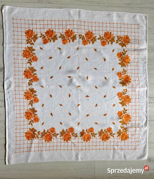 Obrus w kwiaty len 80x70 duży biały pomarańczowy łódzkie Łódź