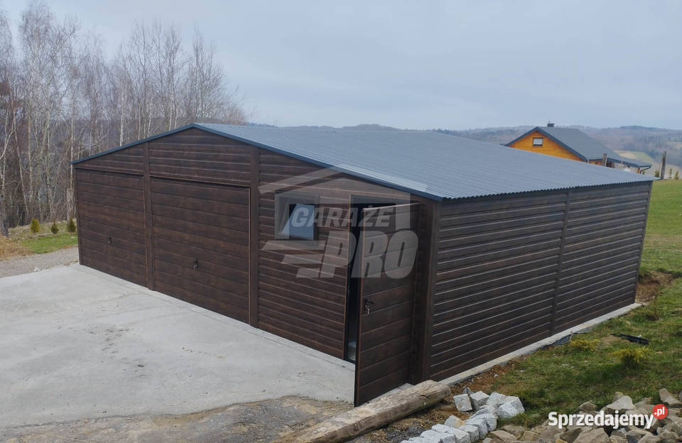 Garaż blaszany 9x6 2x Brama uchylna Ciemny Konin
