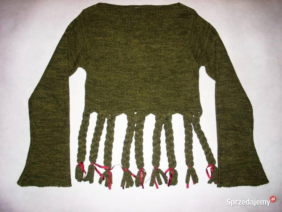 Lost Girl Sweter Oliwkowy Frędzle 36 38 vintage Nowy Sącz sprzedam