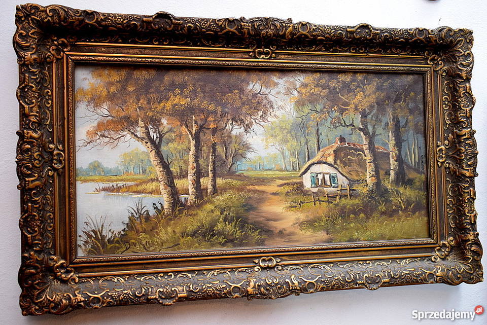 STARY OBRAZ OLEJNY OLEJ NA PŁÓTNIE DUŻY Z RAMĄ Świdnica