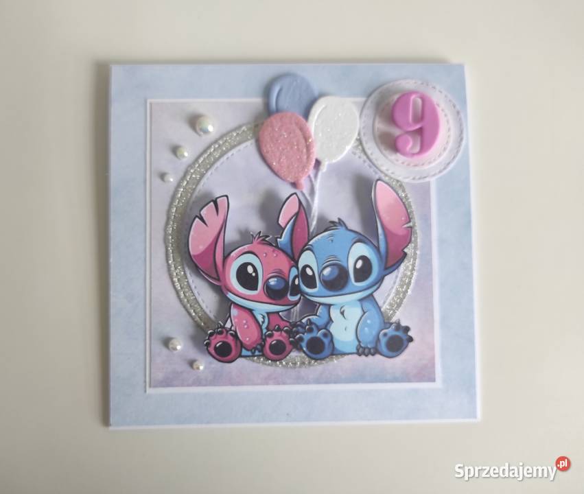 Kartka ręcznie robiona na urodziny Stich i Angel Antyki, Sztuka, Kolekcje Łódź