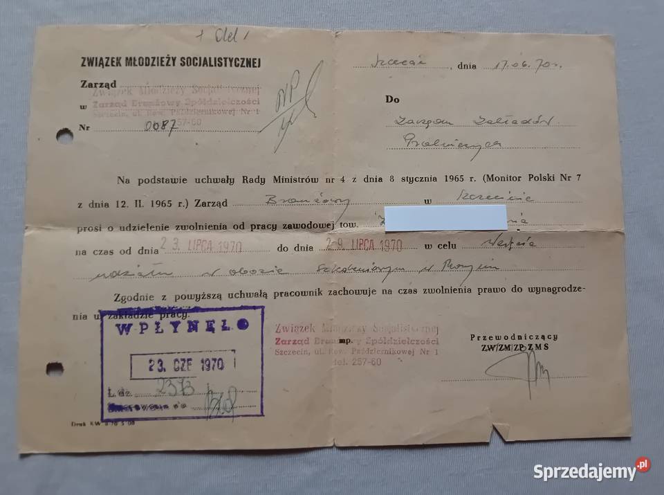Dokument ZMS Szczecin 1970 r Prośba o zwolnienie Koźminek