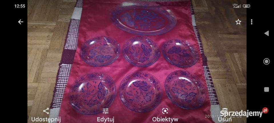 Duża patera i 6 talerzyków szkło cebulowe kobalt Porcelana i szkło dolnośląskie Wrocław