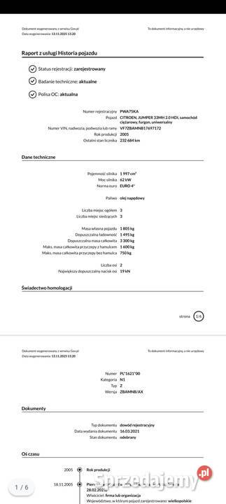 1 WŁAŚCICIEL PRZEBIEG CITROEN JUMPER 20 HDI Wągrowiec sprzedam