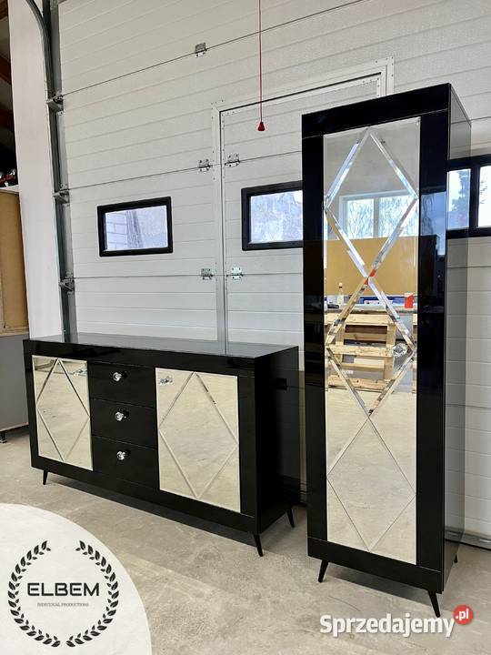 Komplet komoda witryna czarny połysk w stylu
