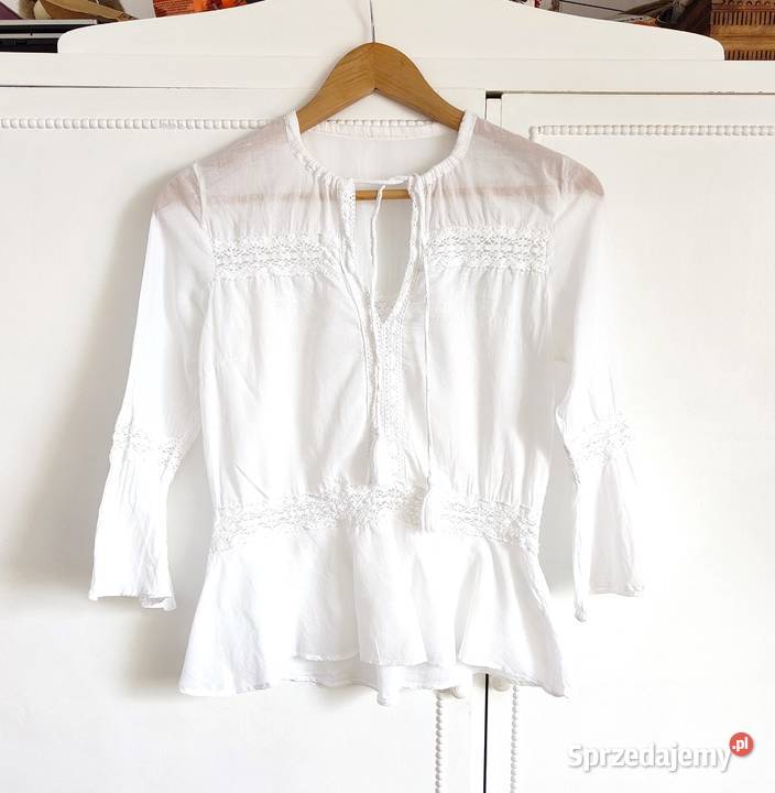 Lekka biała bluzka boho XS 34 bohemian bawełna