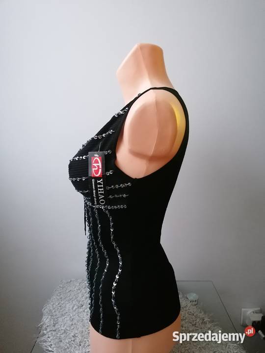 NOWY ELEGANCKI CZARNY TOP DEKOLT CEKINY
