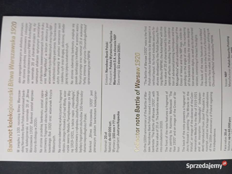 Banknot 20 2020 bitwa warszawska 1920 podkarpackie Rzeszów