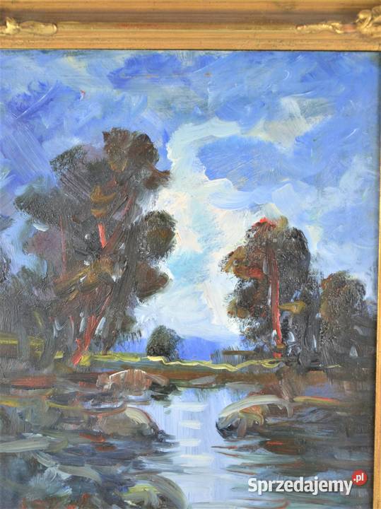 Pejzaż olej na płycie technika mieszana nóż Warszawa