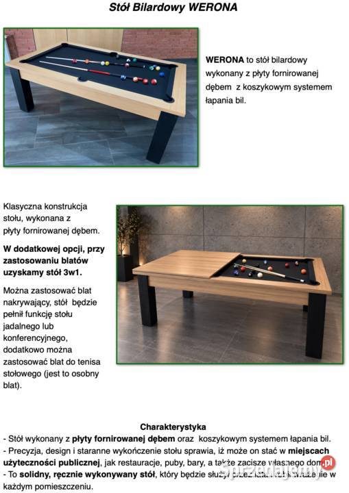 Stół bilardowy Werona z blatem nakrywającym 8 ft łódzkie Łódź